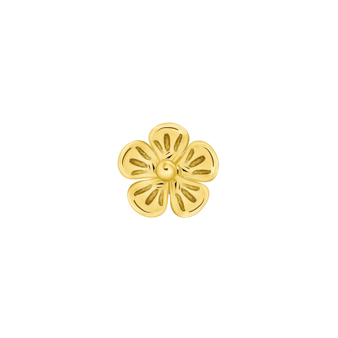 Gedetailleerde 3D bloem piercing van NorVoch, handgemaakt van 14k massief goud voor ear curation.